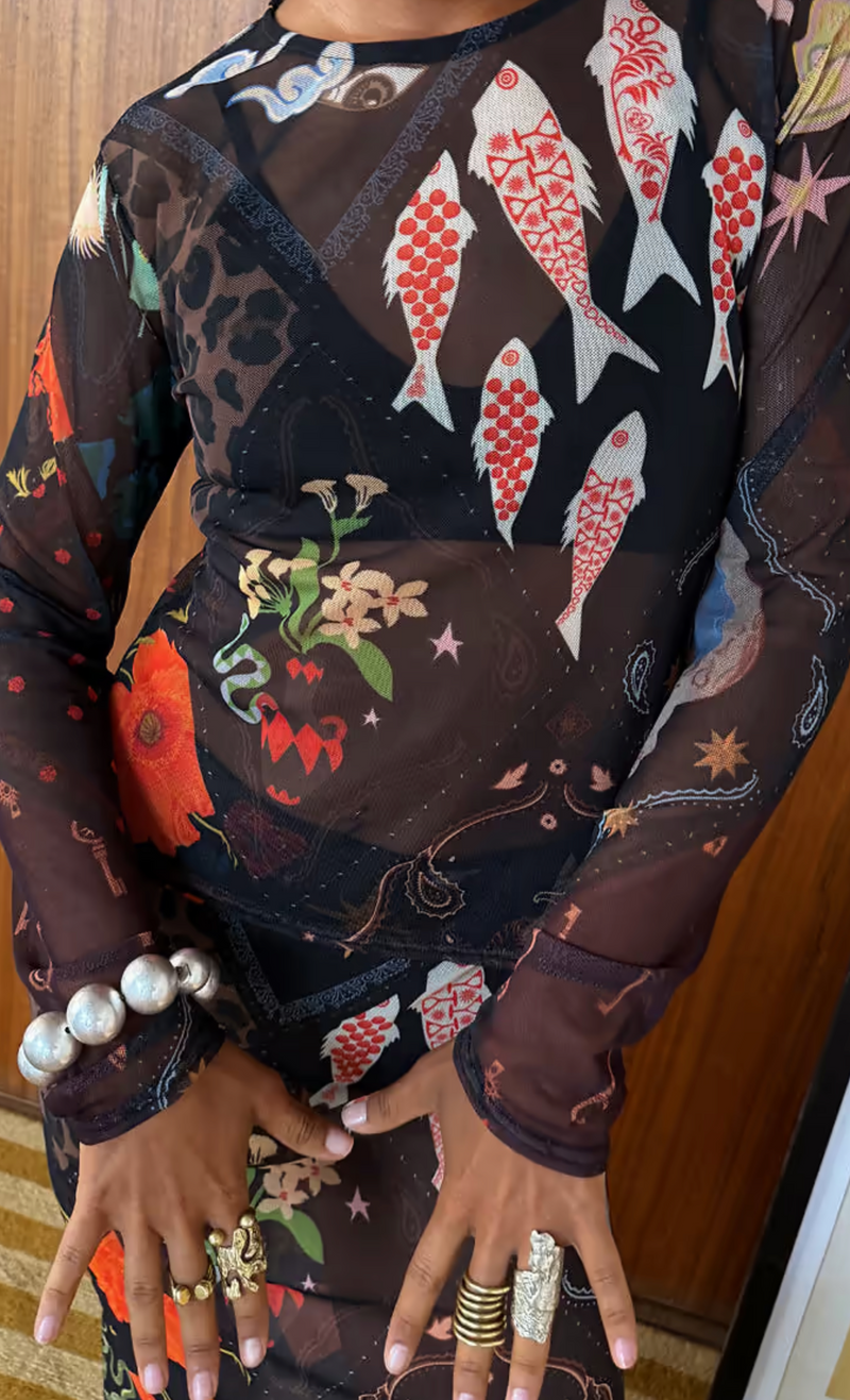 Night Garden Mesh Long Sleeve Top