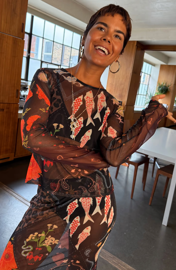 Night Garden Mesh Long Sleeve Top