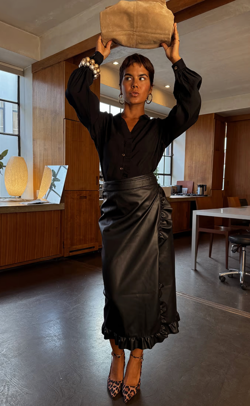 Black Ruffle Vegan Leather Jaspre Skirt