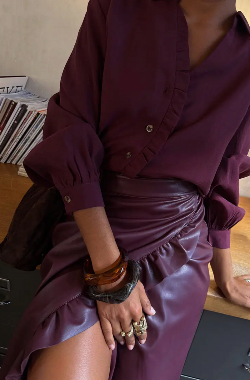 Wine Ruffle Vegan Leather Jaspre Skirt