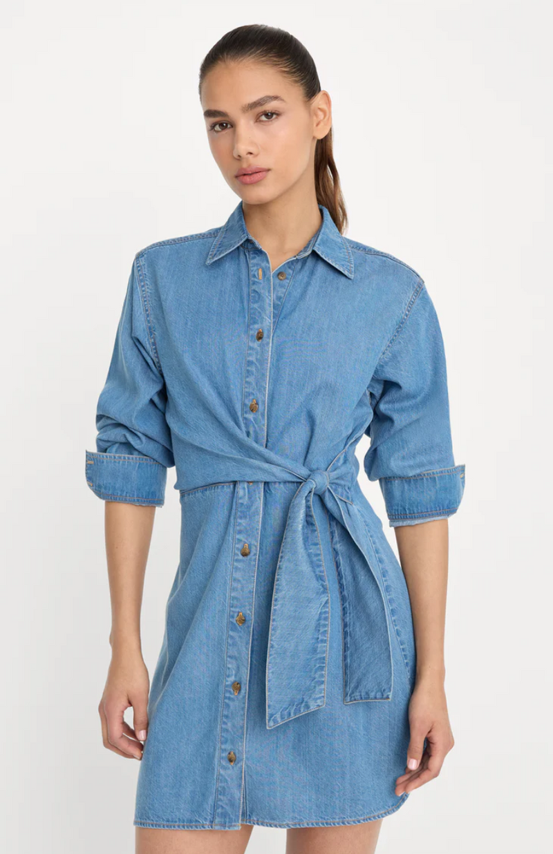 long sleeve denim wrap dress Good American Denim Wrap Shirt Dress in Blue
