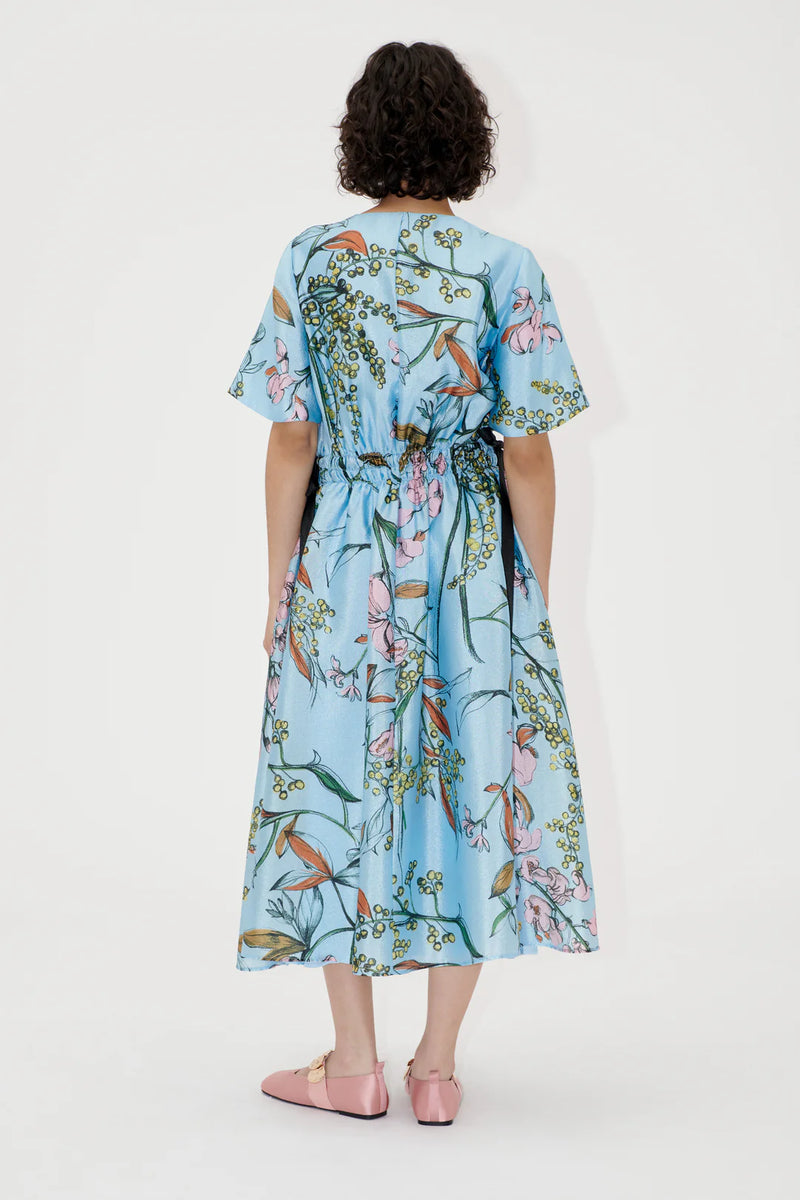 Textured V Neck Waist Tie Midi Dress