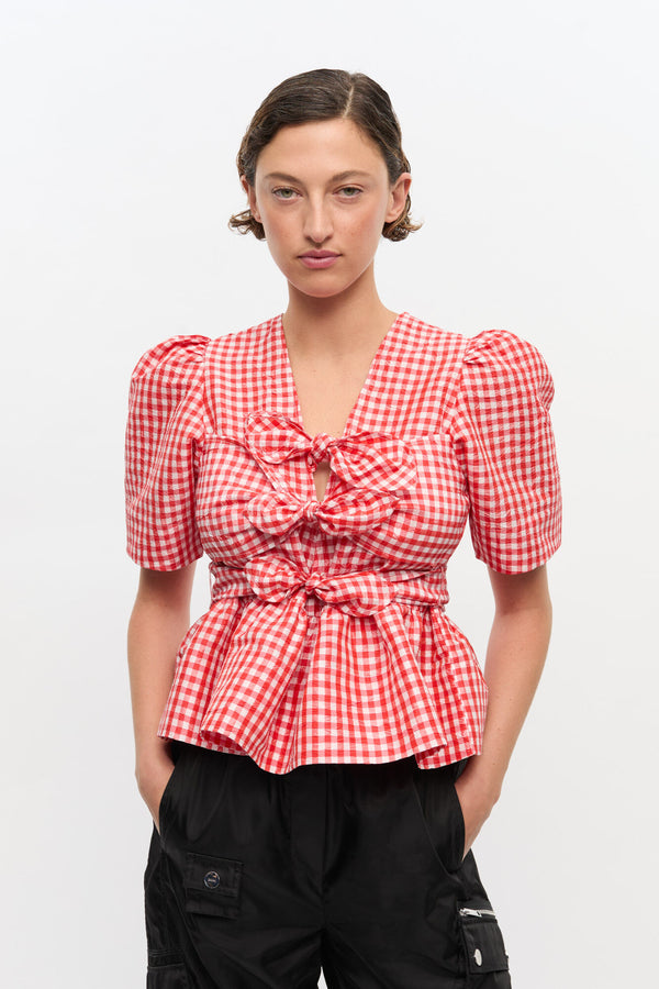 Crinkled Taffeta Check Tie Strap Blouse