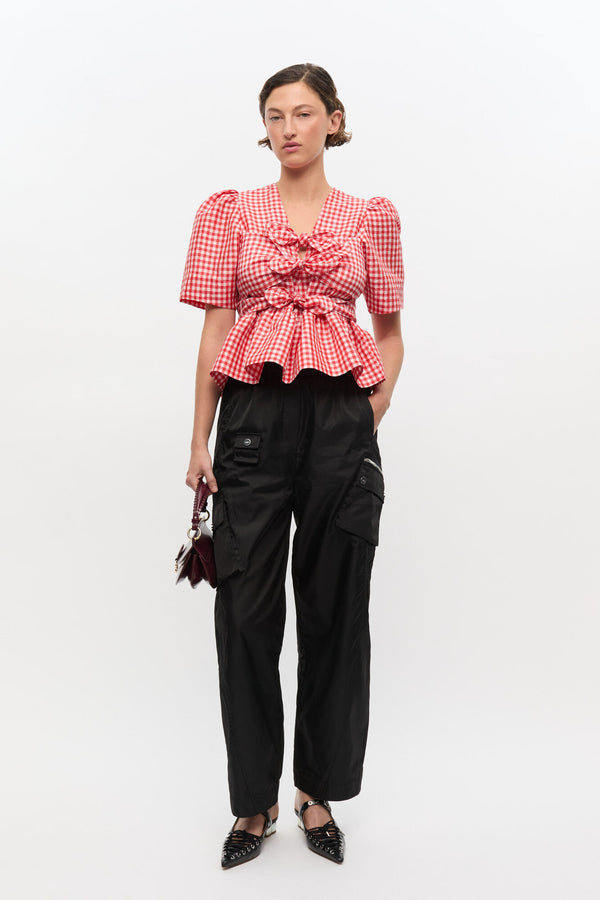 Crinkled Taffeta Check Tie Strap Blouse