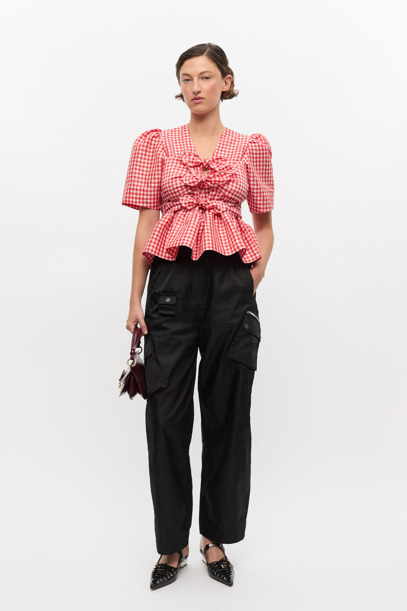 Crinkled Taffeta Check Tie Strap Blouse