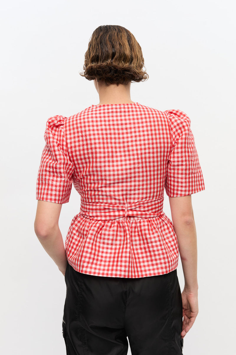 Crinkled Taffeta Check Tie Strap Blouse